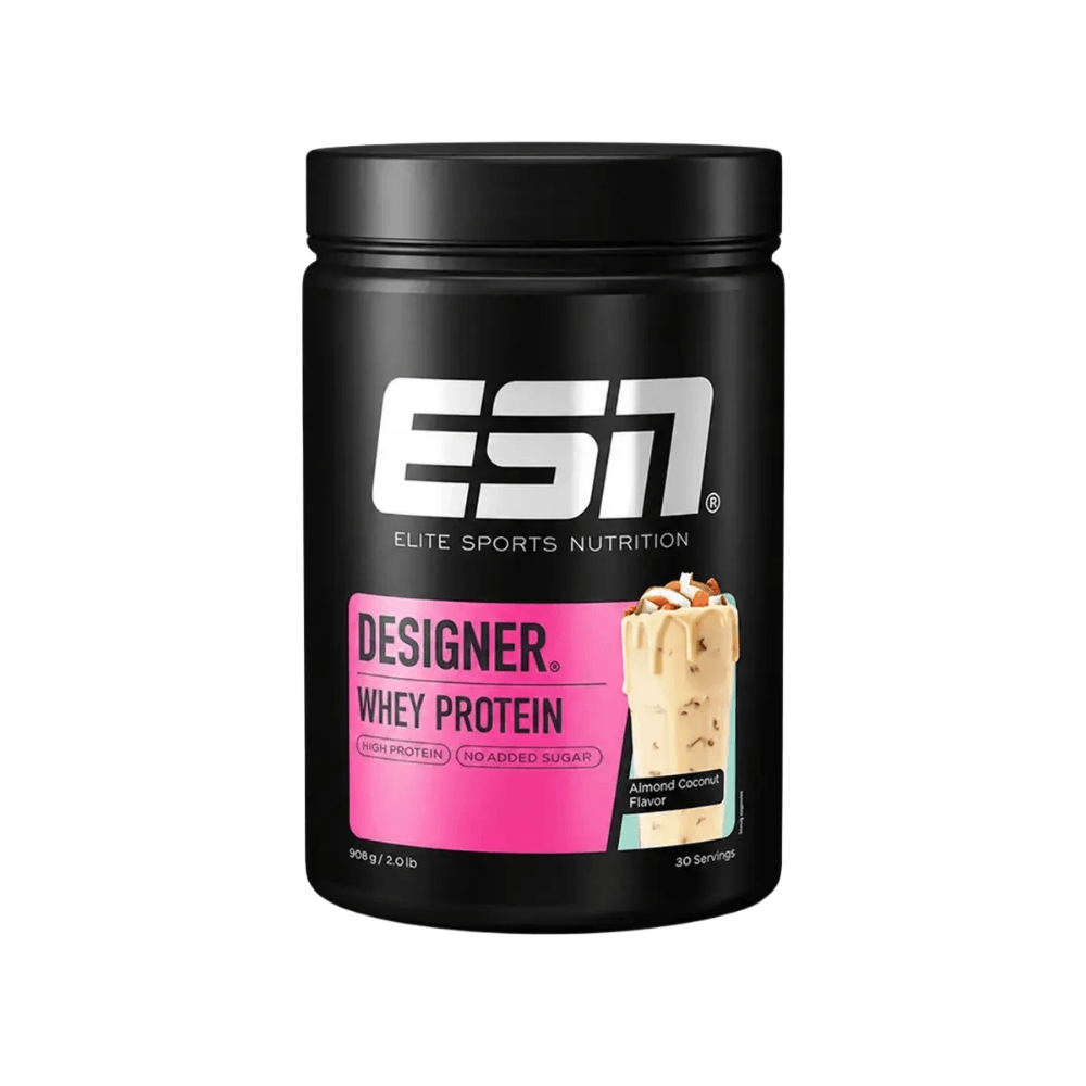 ESN Designer Whey Protein-Dose (908 g), schwarz, Etikett „Almond Coconut“