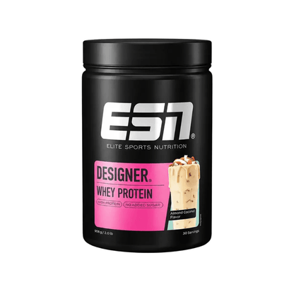 ESN Designer Whey Protein-Dose (908 g), schwarz, Etikett „Almond Coconut“