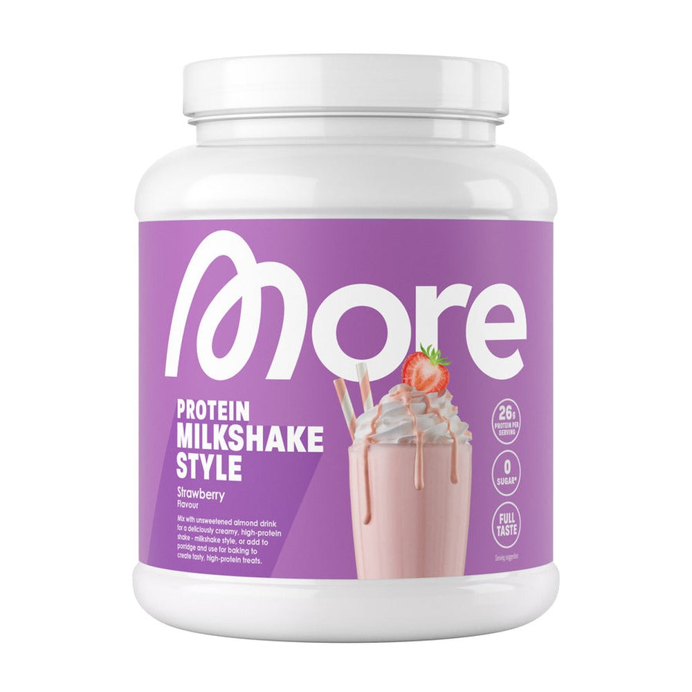 More Protein Milkshake Style 600 g: Dose mit Strawberry Proteinshake-Aufdruck