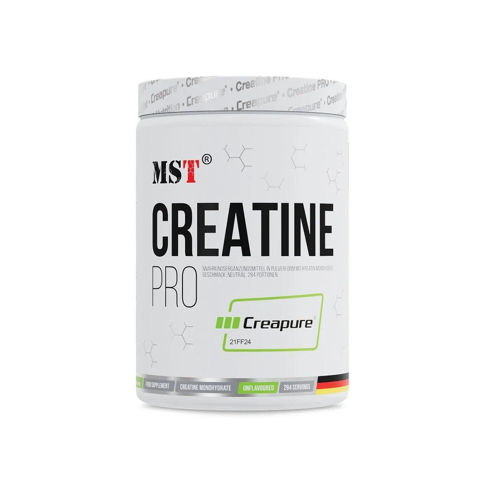 MST Creatine Pro Creatine-Pulverdose mit Creapure-Logo, weißes Kunststoffgefäß