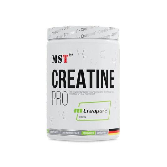MST Creatine Pro Creatine-Pulverdose mit Creapure-Logo, weißes Kunststoffgefäß