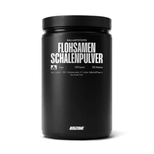 Big Zone Flohsamenschalenpulver im schwarzen Glas mit Deckel