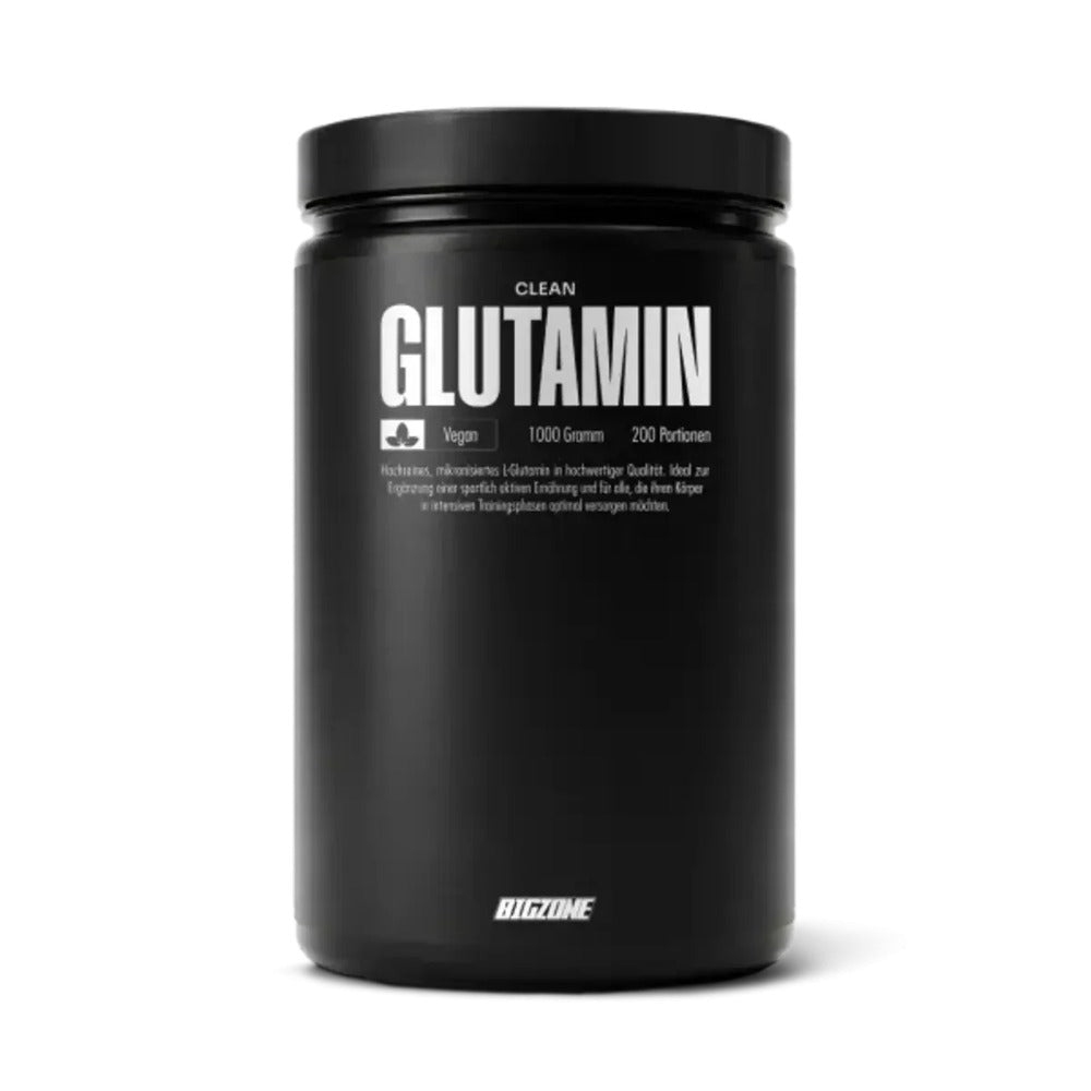 Glutamin-Dose mit schwarzem Etikett, Aufdruck „GLUTAMIN“ und Big Zone Logo