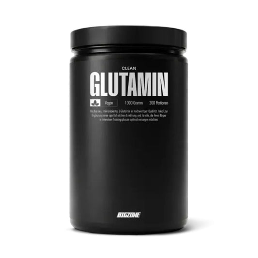 Glutamin-Dose mit schwarzem Etikett, Aufdruck „GLUTAMIN“ und Big Zone Logo