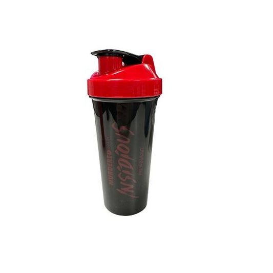 Schüttelbecher (Shaker) aus Kunststoff, schwarz mit rotem Deckel und Ausgießer