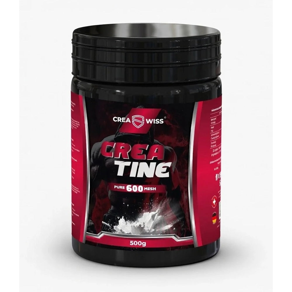 CREASWISS Creatin 600 Mesh, 500 g Dose mit schwarzem Deckel und rotem Etikett