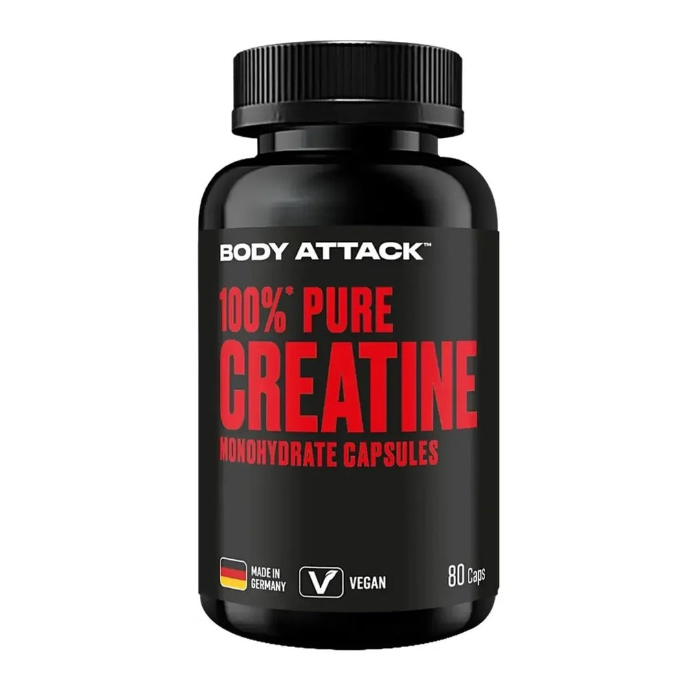 Creatin-Kapseln in schwarzer Dose von BODY ATTACK, 80 Kapseln, vegan