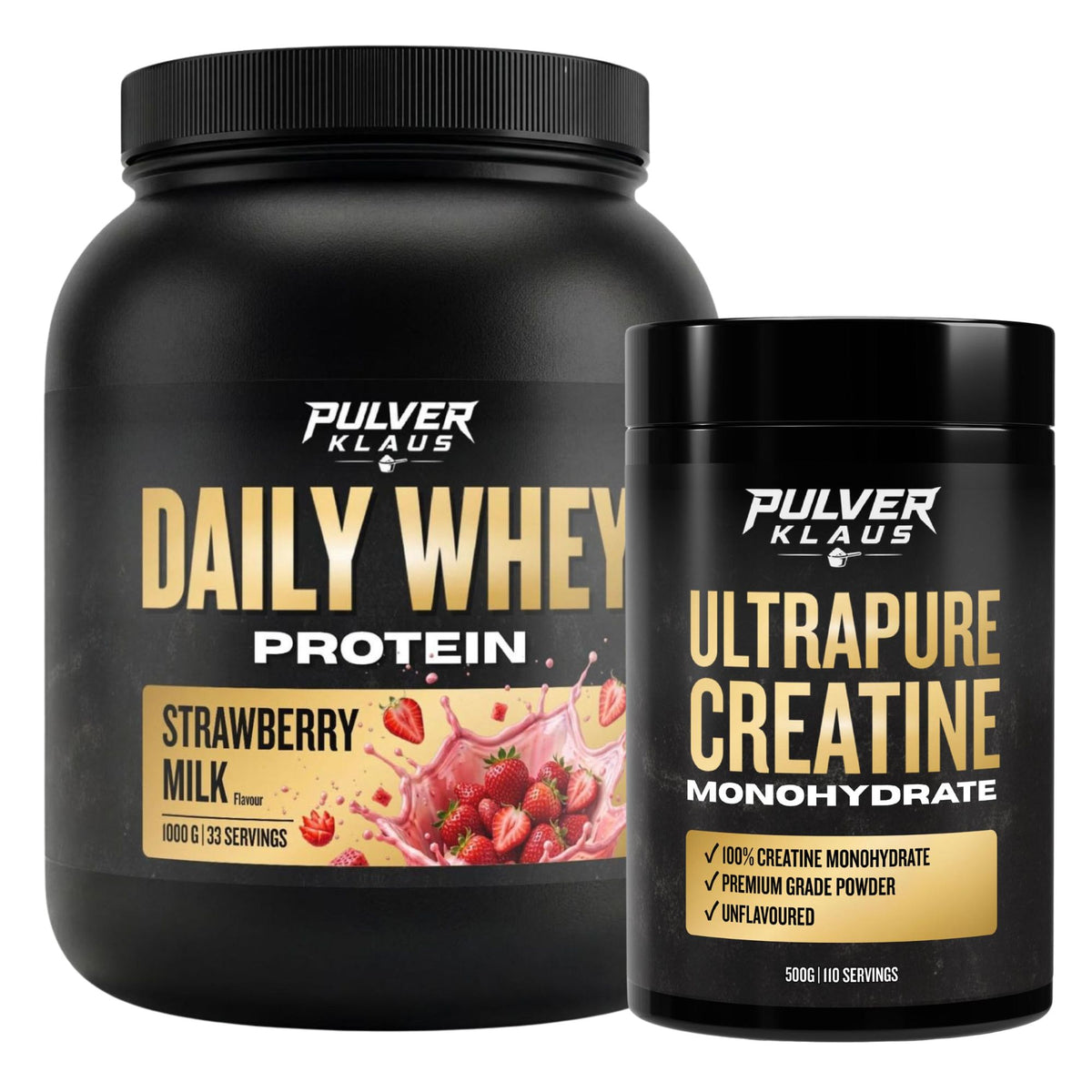 Proteinpulver-Set von Pulver Klaus: Daily Whey Strawberry Milk & Ultrapure Creatine