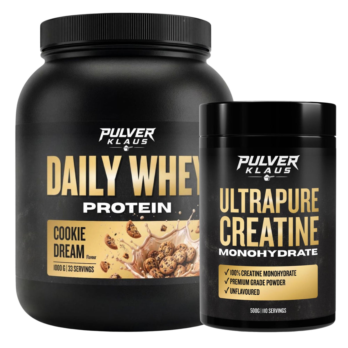 Proteinpulver-Set von Pulver Klaus: Daily Whey Cookie Dream & Ultrapure Creatine
