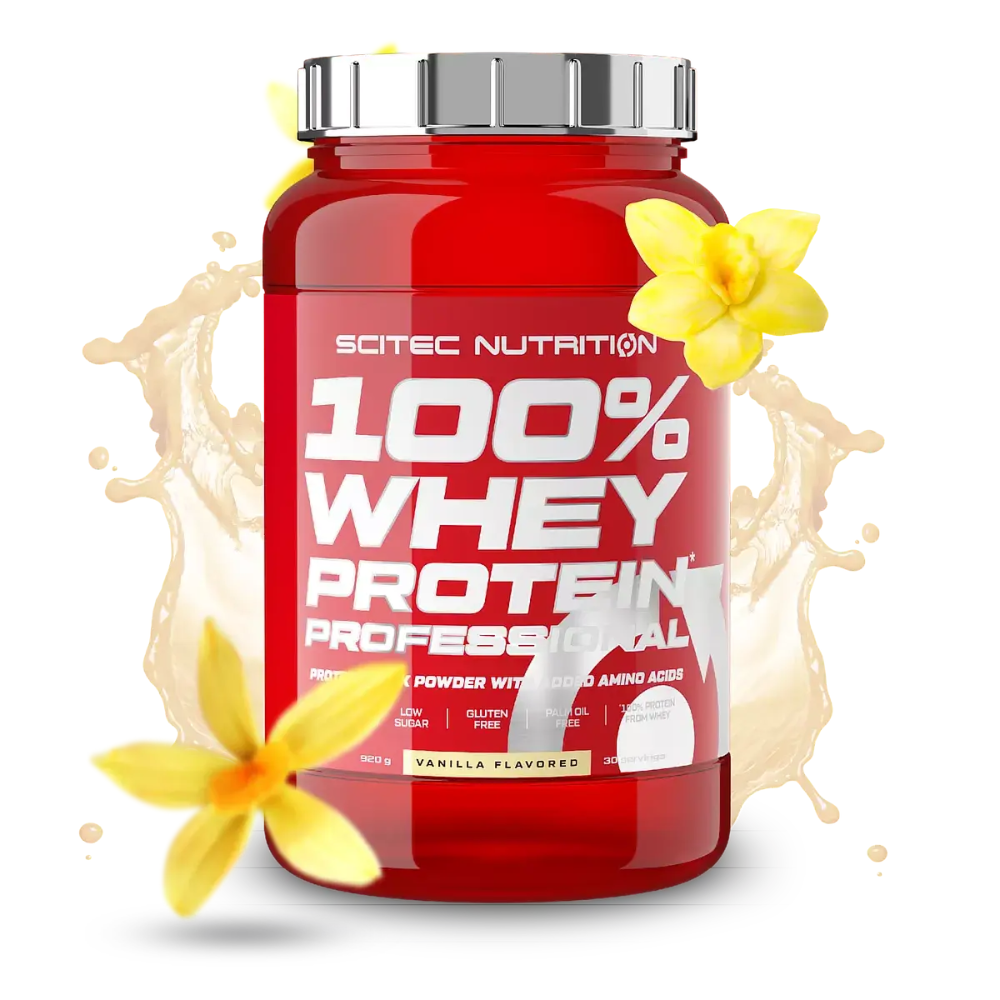 Scitec Whey-Protein 100% Dose, rotes Glasgefäß mit Deckel