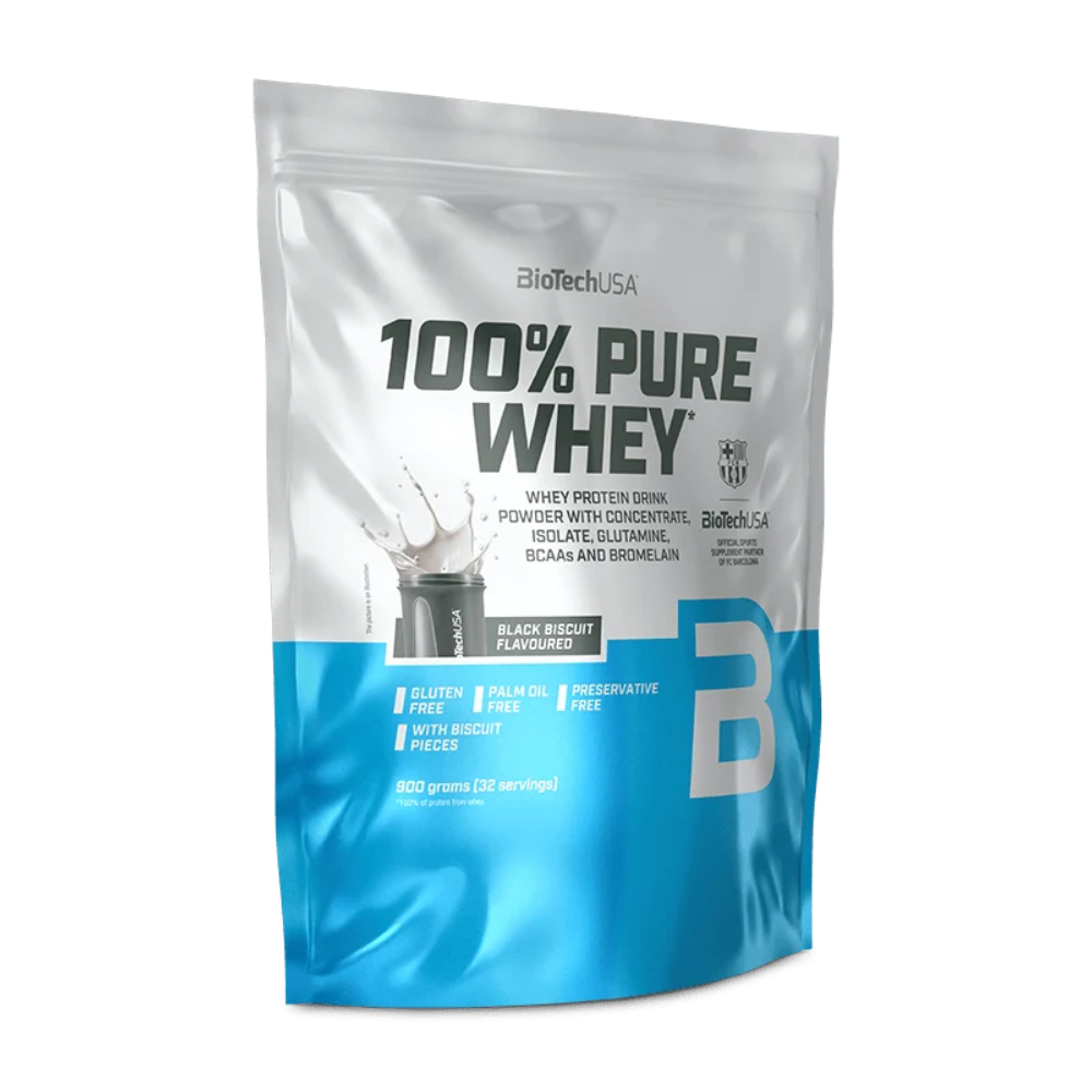 Whey-Proteinpulver im Beutel, Black-Biscuit-Aroma, blau-weißer Beutel