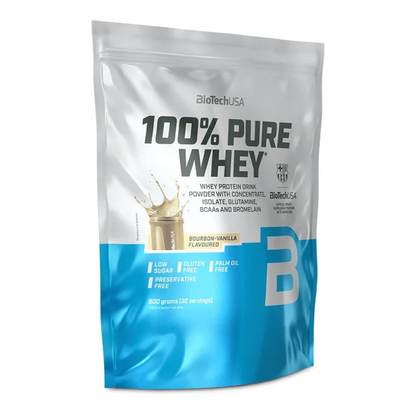 Whey-Proteinpulver im Beutel, Bourbon-Vanille-Aroma, blau-weißer Beutel