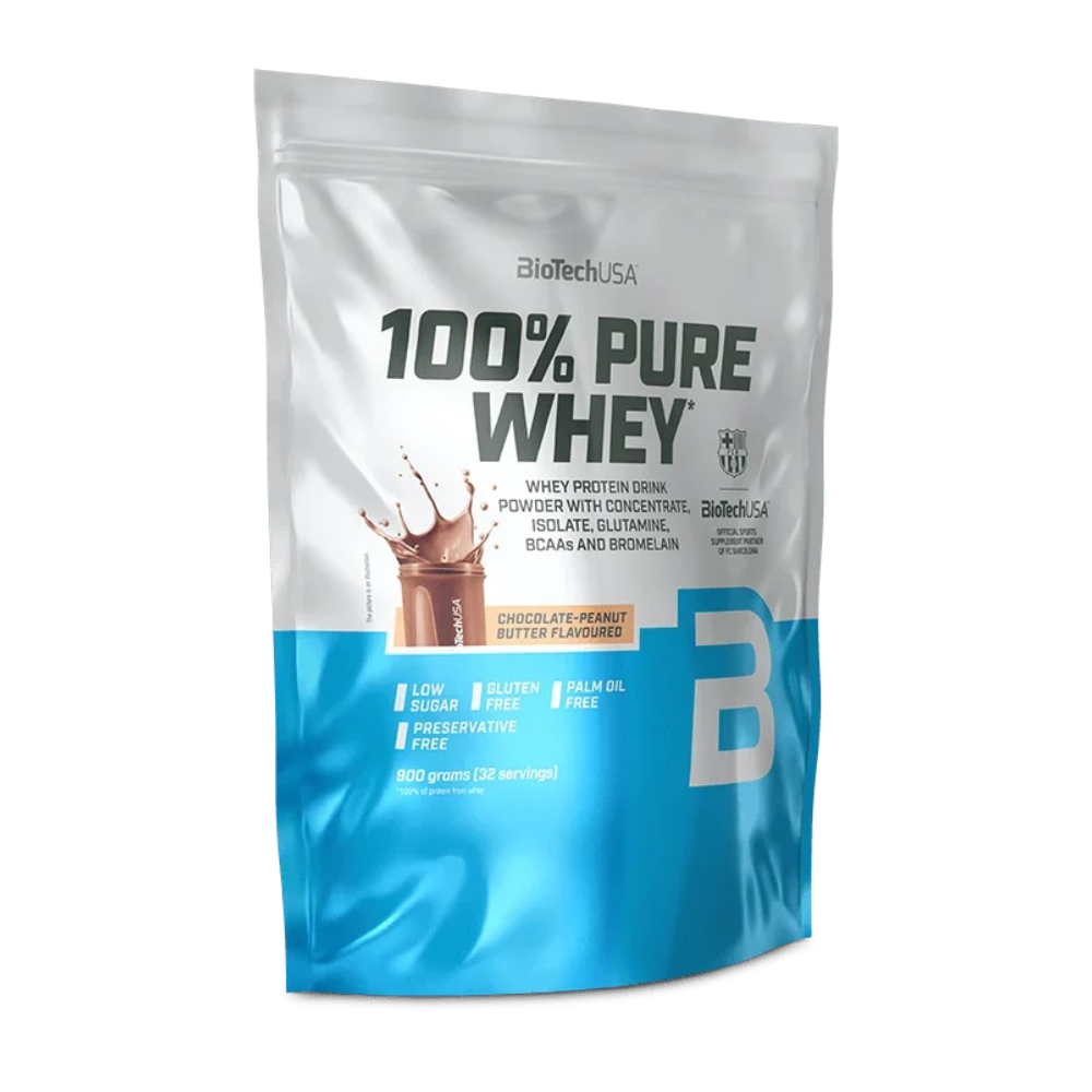 Whey-Proteinpulver im Beutel, Schoko-Erdnussbutter-Aroma, blau-weißer Beutel