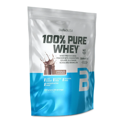 Whey-Proteinpulver im Beutel, Schoko-Aroma, blau-weißer Beutel