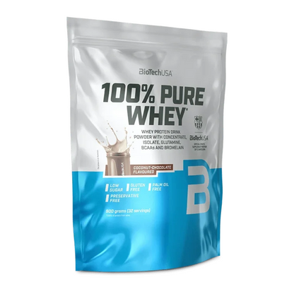 Whey-Proteinpulver im Beutel, Kokos-Schoko-Aroma, blau-weißer Beutel