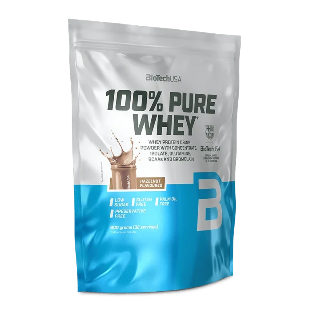 Whey-Proteinpulver im Beutel, Haselnuss-Aroma, blau-weißer Beutel