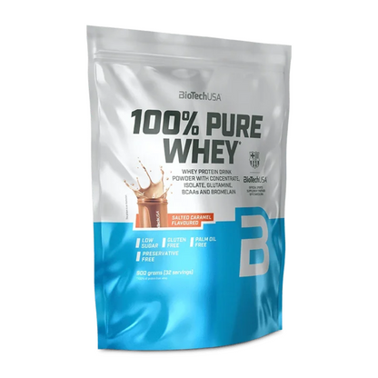 Whey-Proteinpulver im Beutel, Salted-Caramel-Aroma, blau-weißer Beutel